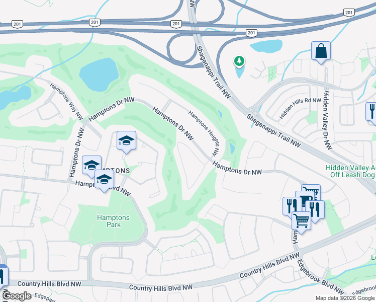 map of restaurants, bars, coffee shops, grocery stores, and more near 26 Hamptons Link Northwest in Calgary