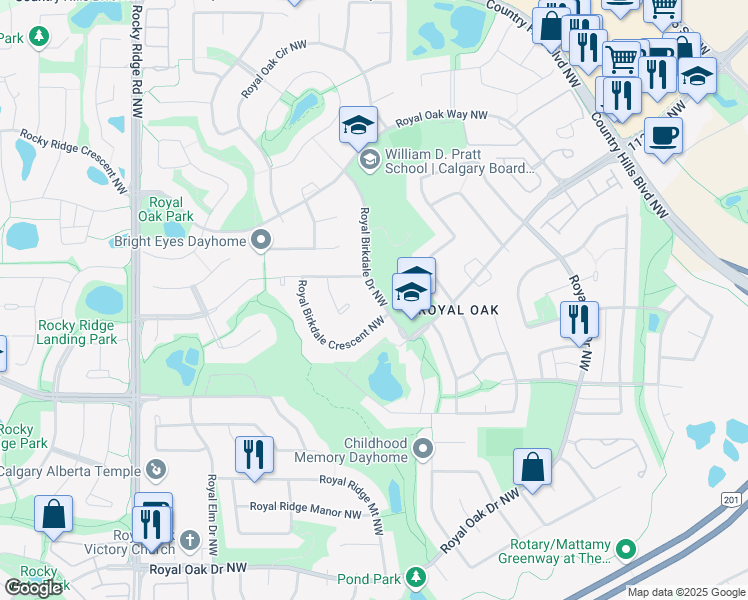 map of restaurants, bars, coffee shops, grocery stores, and more near 113 Royal Birkdale Drive Northwest in Calgary