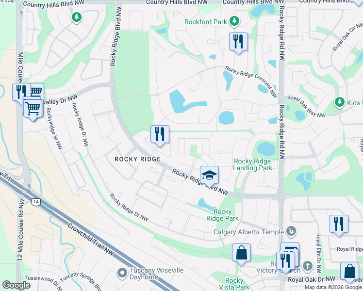 map of restaurants, bars, coffee shops, grocery stores, and more near 46 Rocky Ridge Green Northwest in Calgary