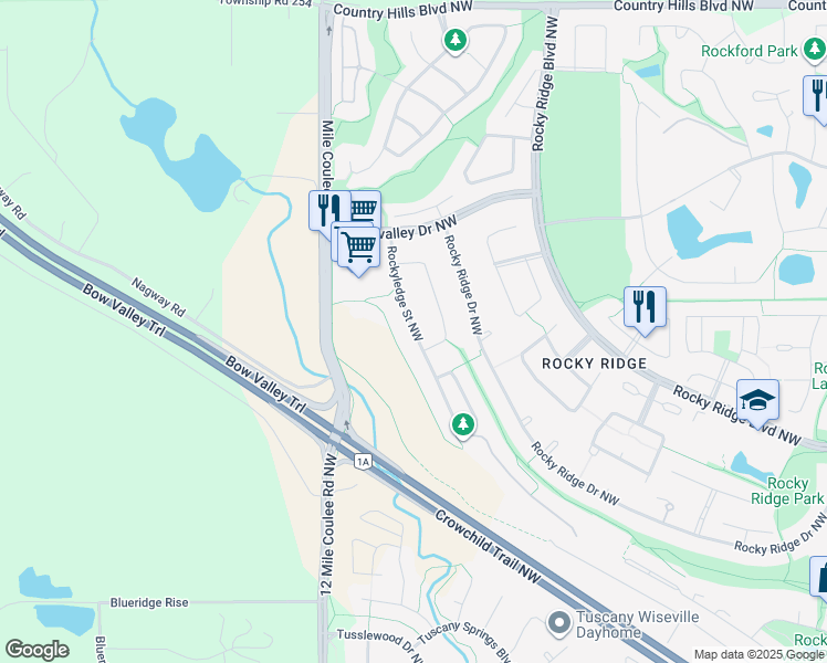 map of restaurants, bars, coffee shops, grocery stores, and more near Rockyledge Street Northwest in Calgary