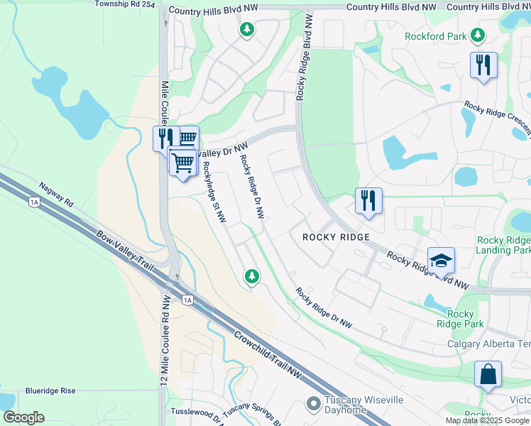 map of restaurants, bars, coffee shops, grocery stores, and more near 638 Rocky Ridge View Northwest in Calgary