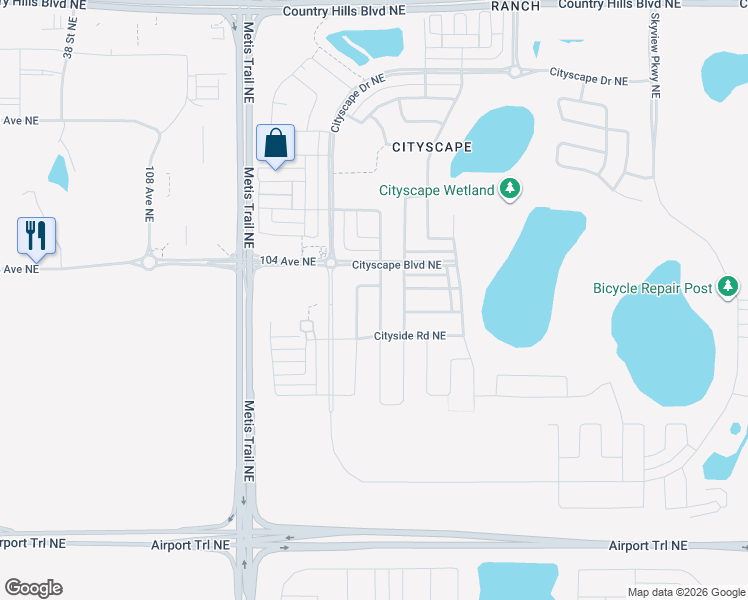 map of restaurants, bars, coffee shops, grocery stores, and more near 9 Cityside Rise Northeast in Calgary