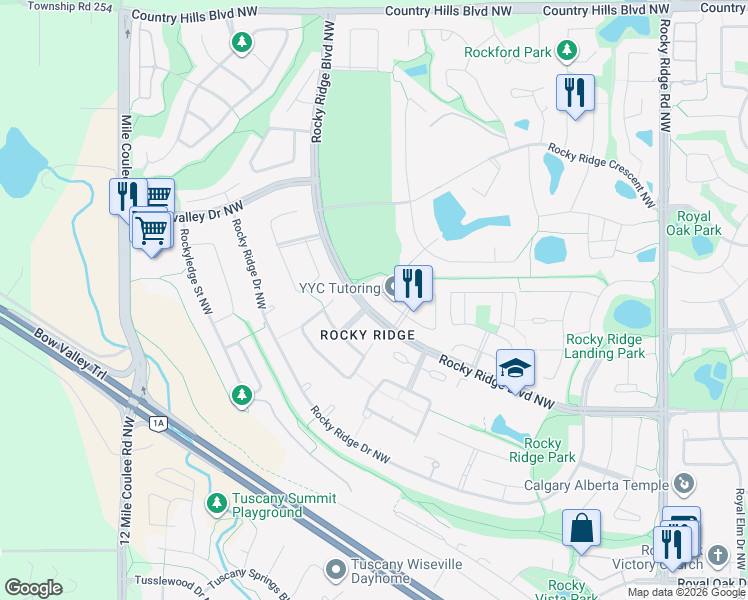 map of restaurants, bars, coffee shops, grocery stores, and more near 105 Rocky Ridge Heath Northwest in Calgary