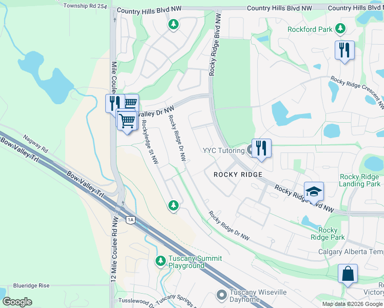 map of restaurants, bars, coffee shops, grocery stores, and more near 74 Rockbluff Close Northwest in Calgary