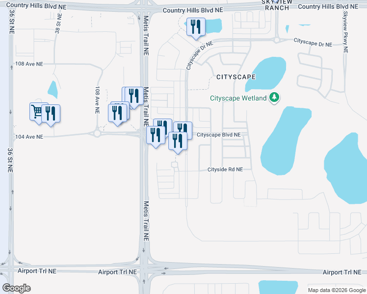 map of restaurants, bars, coffee shops, grocery stores, and more near 10474 Cityscape Drive in Calgary