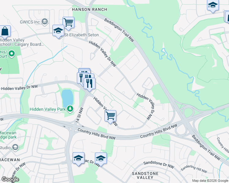 map of restaurants, bars, coffee shops, grocery stores, and more near 101 Hidden Valley Crescent Northwest in Calgary