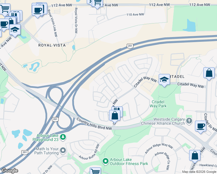 map of restaurants, bars, coffee shops, grocery stores, and more near Citadel Acres Close Northwest in Calgary