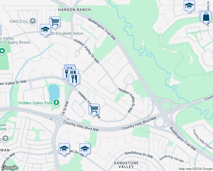 map of restaurants, bars, coffee shops, grocery stores, and more near 72 Hidden Valley Crescent Northwest in Calgary