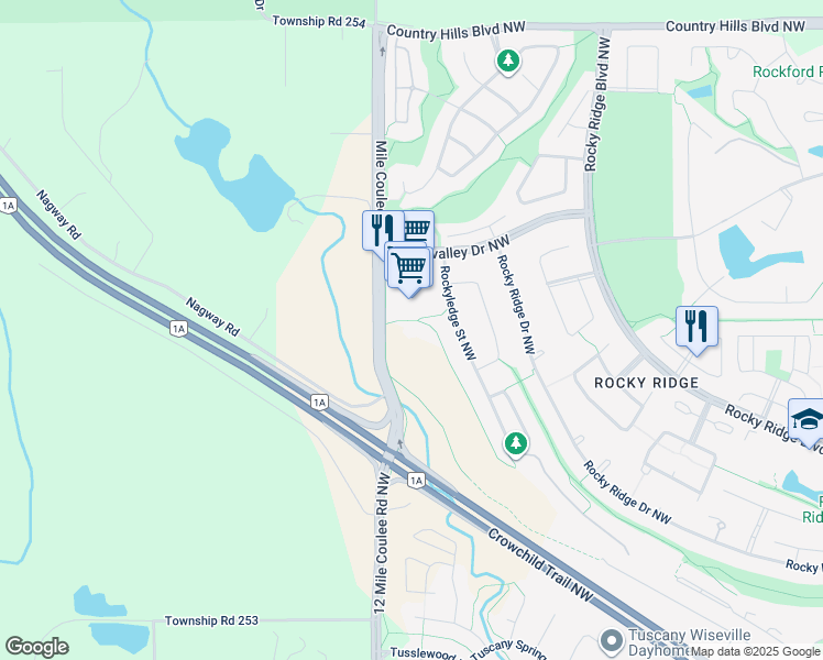 map of restaurants, bars, coffee shops, grocery stores, and more near 11595 Rockyvalley Drive Northwest in Calgary