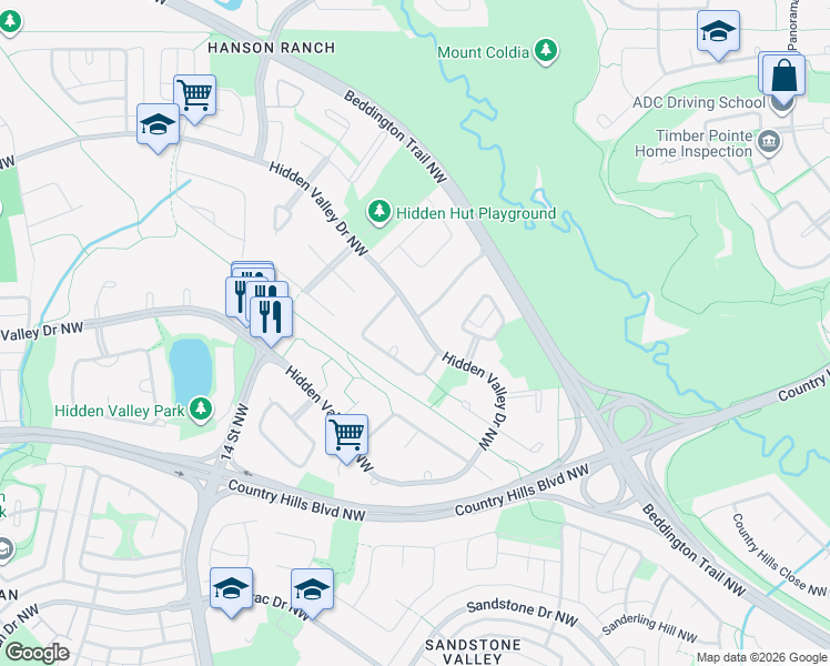 map of restaurants, bars, coffee shops, grocery stores, and more near 10417 Hidden Valley Drive Northwest in Calgary