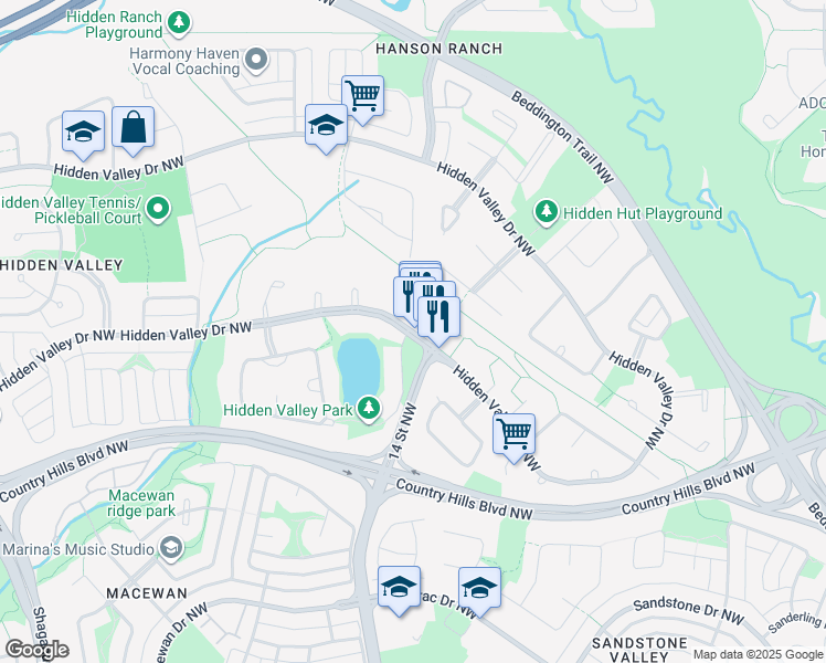 map of restaurants, bars, coffee shops, grocery stores, and more near 10038 Hidden Valley Drive Northwest in Calgary
