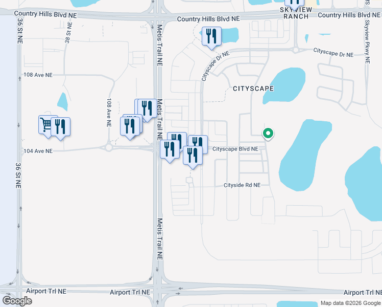 map of restaurants, bars, coffee shops, grocery stores, and more near 10474 Cityscape Drive Northeast in Calgary