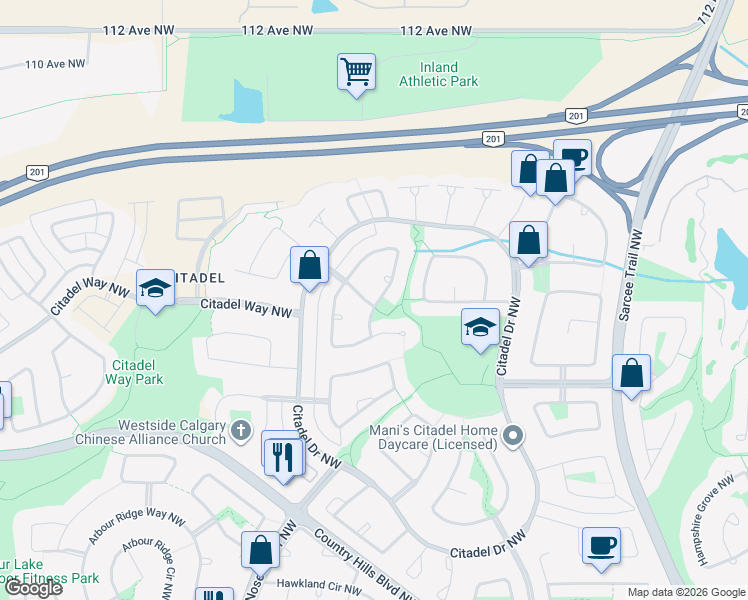 map of restaurants, bars, coffee shops, grocery stores, and more near 34 Citadel Crest Link Northwest in Calgary