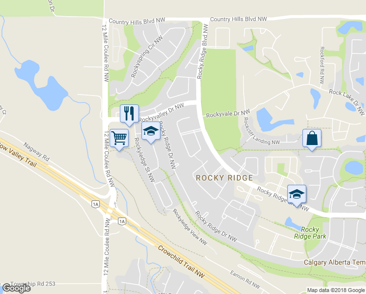 map of restaurants, bars, coffee shops, grocery stores, and more near 74 Rockbluff Close Northwest in Calgary