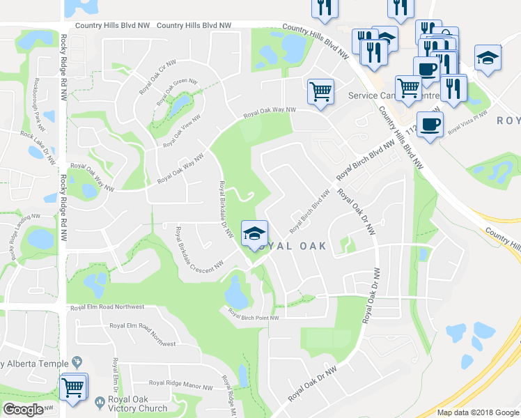 map of restaurants, bars, coffee shops, grocery stores, and more near 49 Royal Birch Way Northwest in Calgary