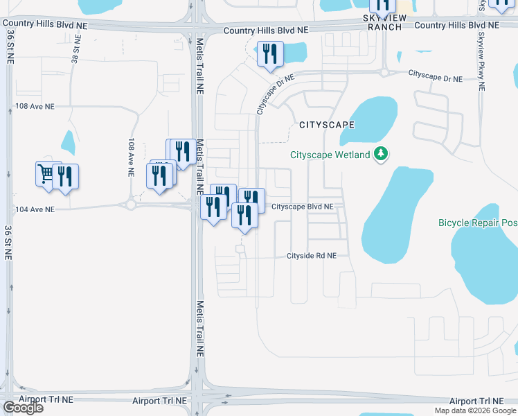 map of restaurants, bars, coffee shops, grocery stores, and more near Cityscape Drive Northeast in Calgary