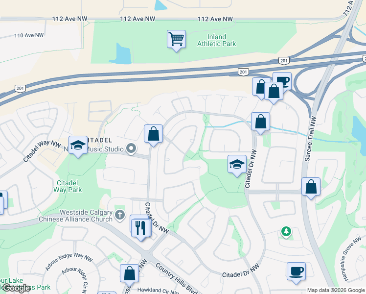 map of restaurants, bars, coffee shops, grocery stores, and more near 34 Citadel Crest Link Northwest in Calgary