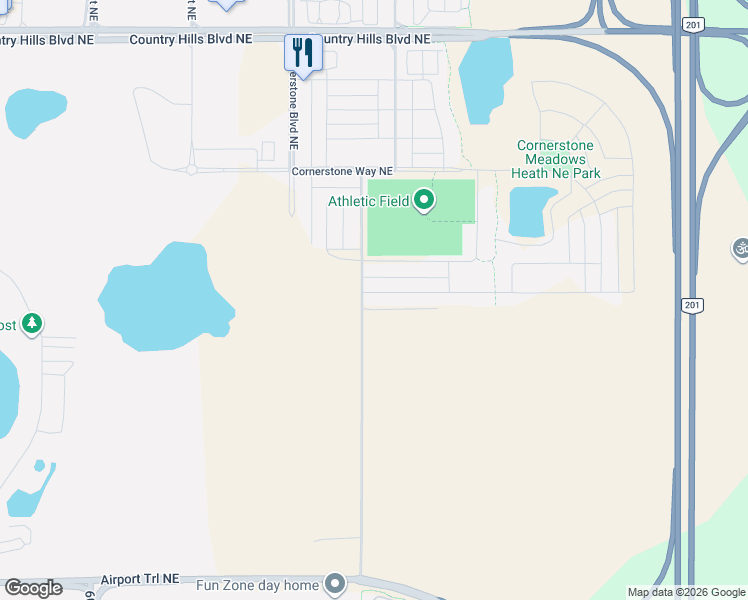 map of restaurants, bars, coffee shops, grocery stores, and more near 145 Corner Meadows Way Northeast in Calgary