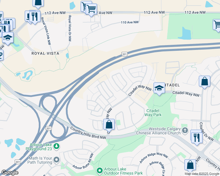 map of restaurants, bars, coffee shops, grocery stores, and more near 179 Citadel Acres Close Northwest in Calgary