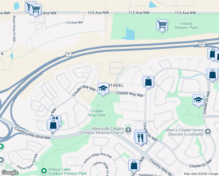 map of restaurants, bars, coffee shops, grocery stores, and more near 1000 Citadel Meadow Point Northwest in Calgary