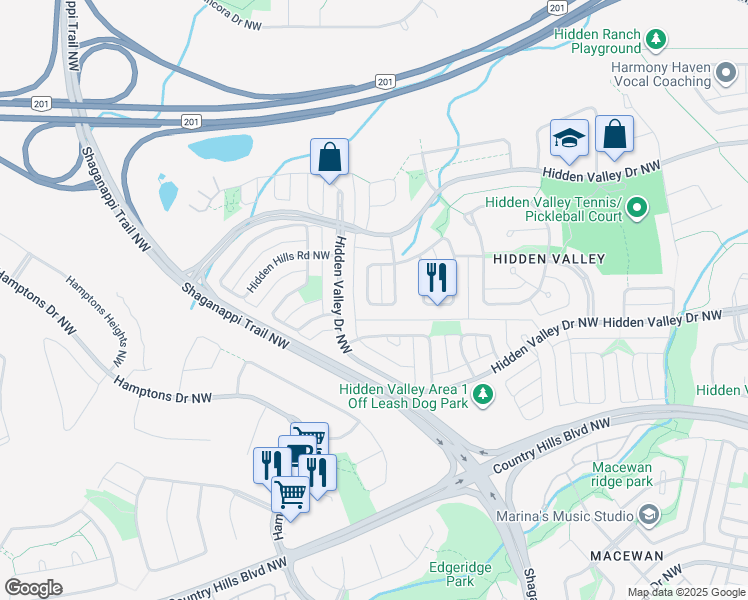 map of restaurants, bars, coffee shops, grocery stores, and more near 112 Hidden Ranch Hill Northwest in Calgary