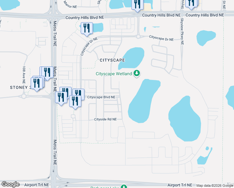 map of restaurants, bars, coffee shops, grocery stores, and more near 262 Cityscape Boulevard Northeast in Calgary