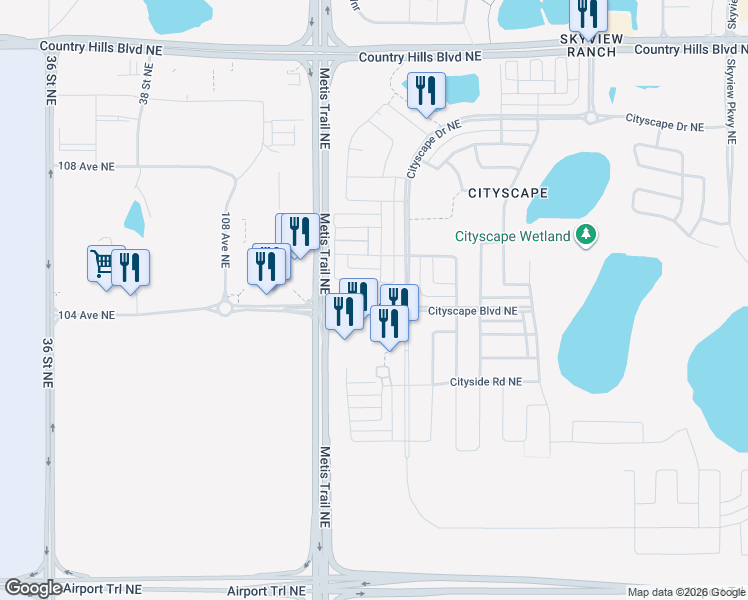 map of restaurants, bars, coffee shops, grocery stores, and more near 10474 Cityscape Drive in Calgary