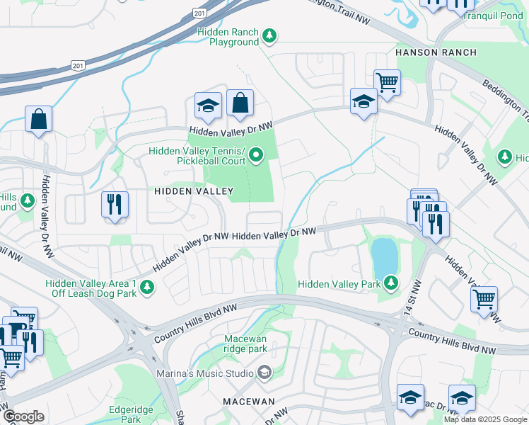 map of restaurants, bars, coffee shops, grocery stores, and more near Hidden Park Northwest in Calgary