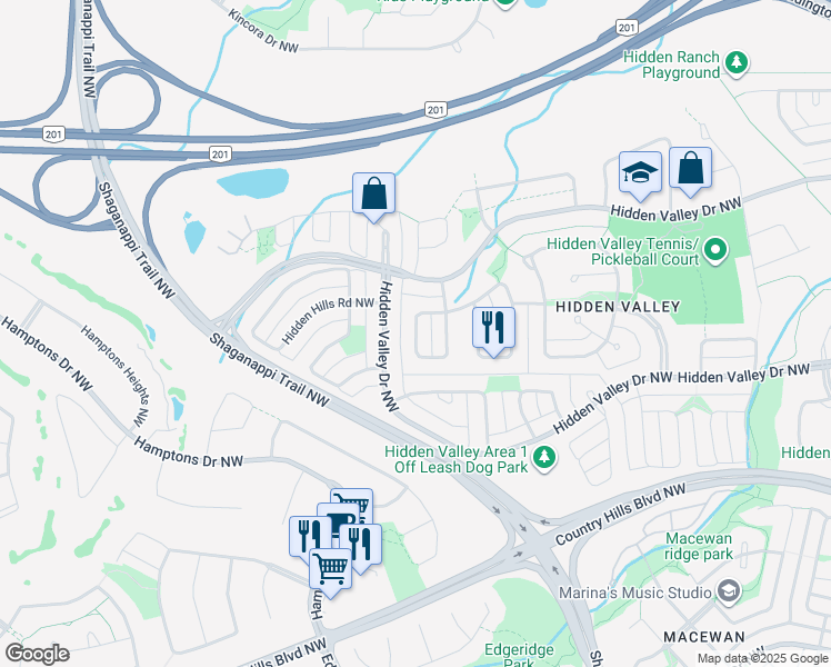 map of restaurants, bars, coffee shops, grocery stores, and more near Hidden Ranch Hill Northwest in Calgary