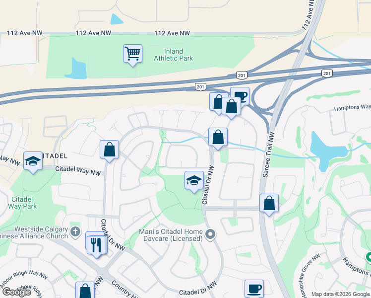 map of restaurants, bars, coffee shops, grocery stores, and more near 188 Citadel Crest Park Northwest in Calgary