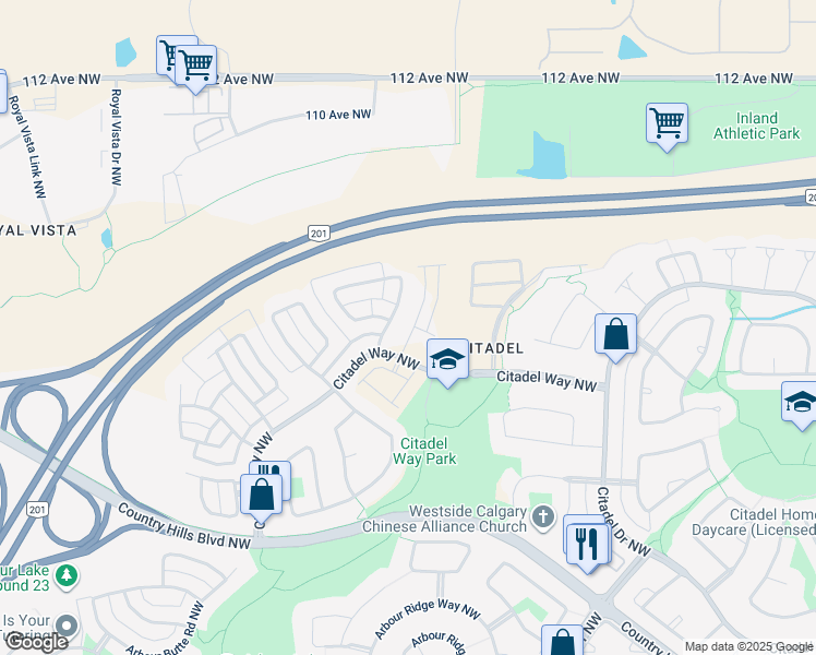 map of restaurants, bars, coffee shops, grocery stores, and more near 39 Citadel Point Northwest in Calgary