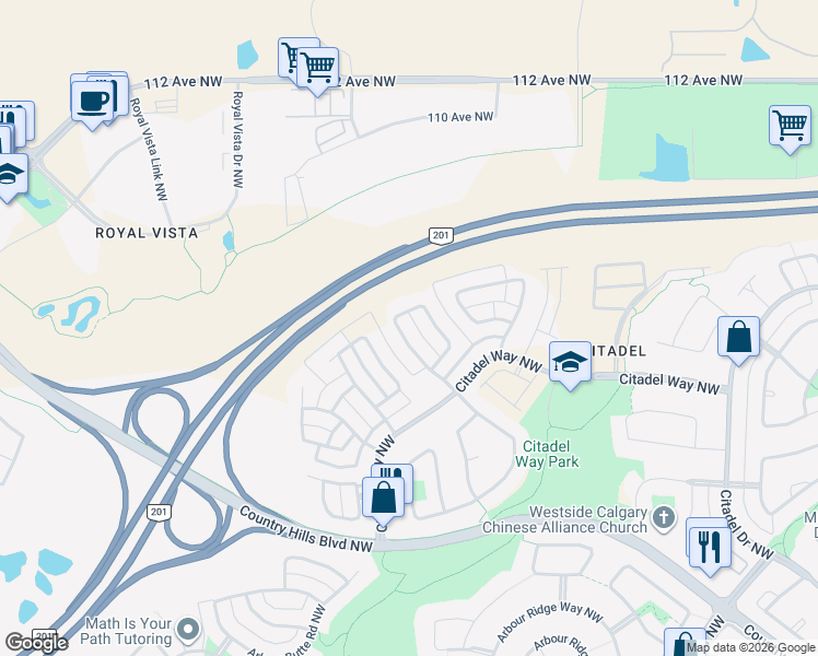 map of restaurants, bars, coffee shops, grocery stores, and more near 78 Citadel Bluff Close Northwest in Calgary