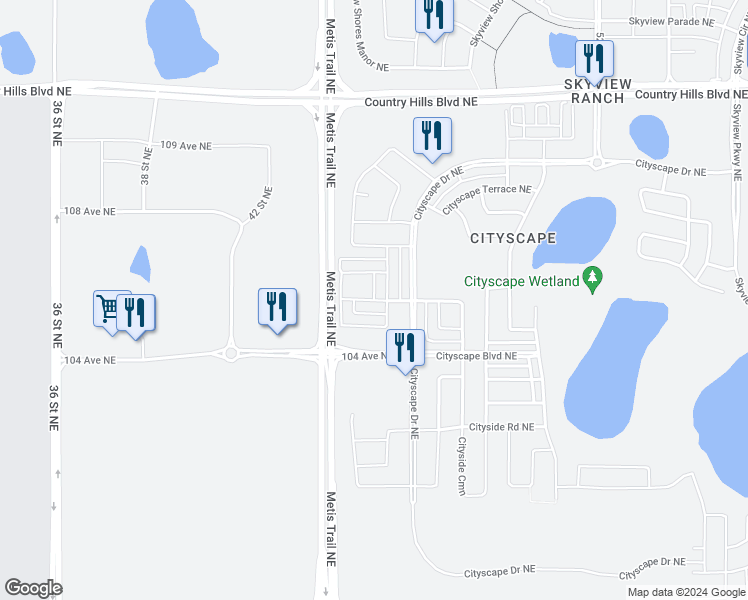 map of restaurants, bars, coffee shops, grocery stores, and more near Cityscape Avenue Northeast in Calgary