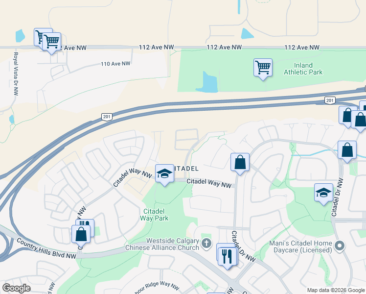 map of restaurants, bars, coffee shops, grocery stores, and more near 121 Citadel Meadows Gardens Northwest in Calgary