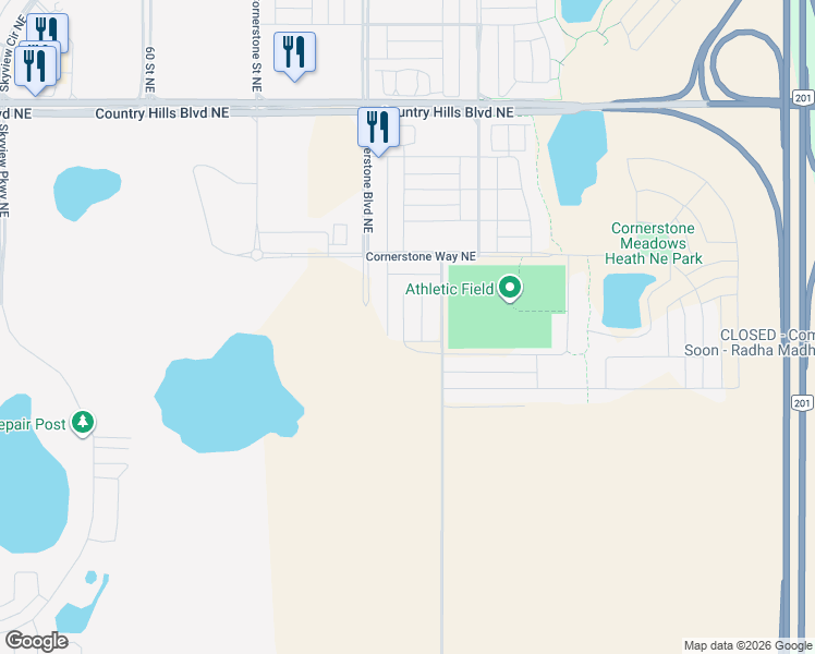 map of restaurants, bars, coffee shops, grocery stores, and more near 70 Corner Ridge Mews Northeast in Calgary