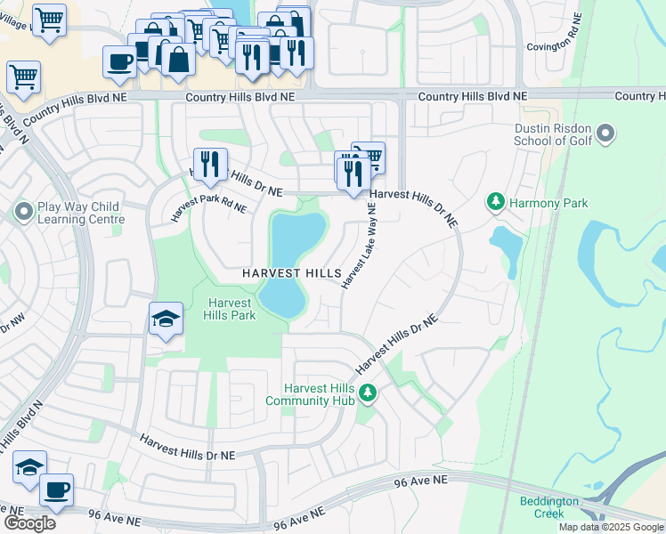 map of restaurants, bars, coffee shops, grocery stores, and more near 83 Harvest Lake Crescent Northeast in Calgary