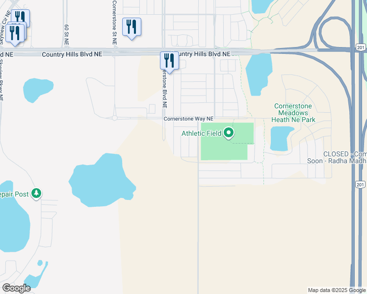 map of restaurants, bars, coffee shops, grocery stores, and more near 70 Corner Ridge Mews Northeast in Calgary