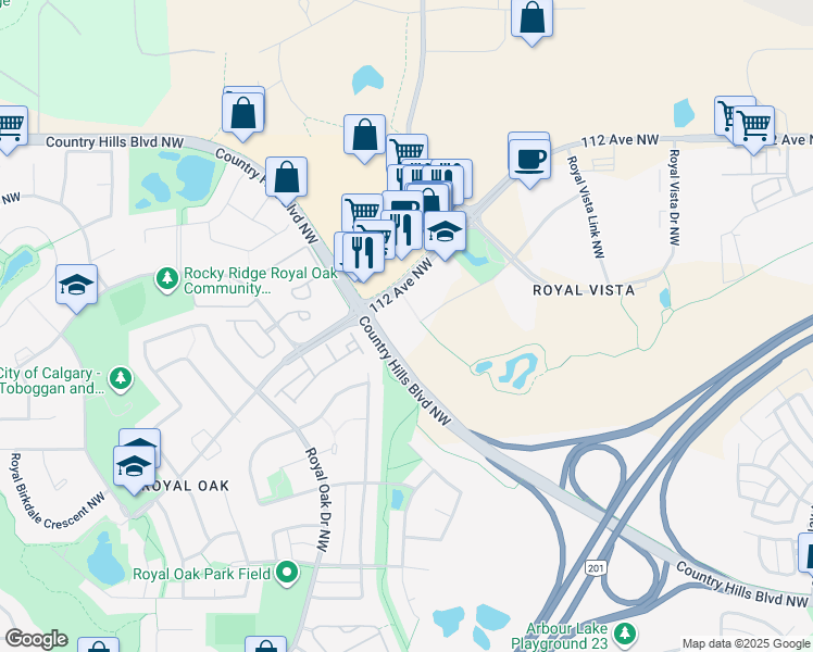 map of restaurants, bars, coffee shops, grocery stores, and more near 8750 Country Hills Boulevard Northwest in Calgary