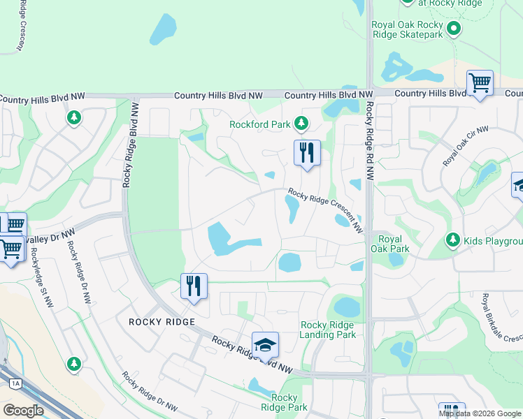 map of restaurants, bars, coffee shops, grocery stores, and more near 96 Rockcliff Point Northwest in Calgary