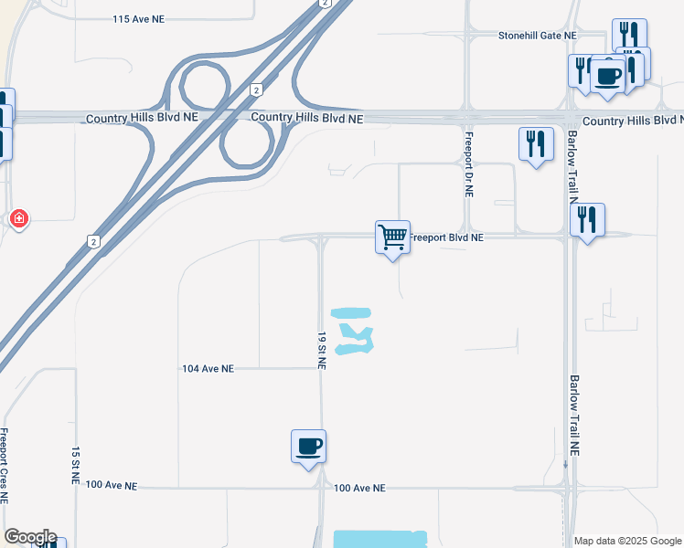 map of restaurants, bars, coffee shops, grocery stores, and more near 89 Freeport Boulevard Northeast in Calgary