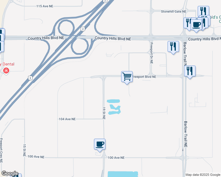 map of restaurants, bars, coffee shops, grocery stores, and more near 89 Freeport Boulevard Northeast in Calgary
