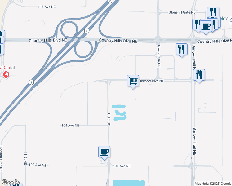 map of restaurants, bars, coffee shops, grocery stores, and more near 89 Freeport Boulevard Northeast in Calgary