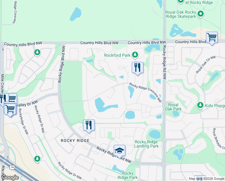 map of restaurants, bars, coffee shops, grocery stores, and more near 96 Rockcliff Point Northwest in Calgary