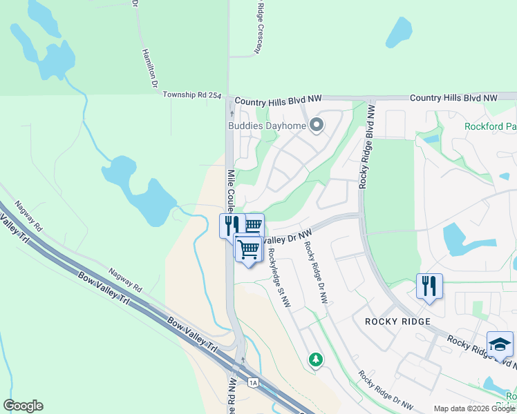 map of restaurants, bars, coffee shops, grocery stores, and more near 25 Rockyspring Point Northwest in Calgary