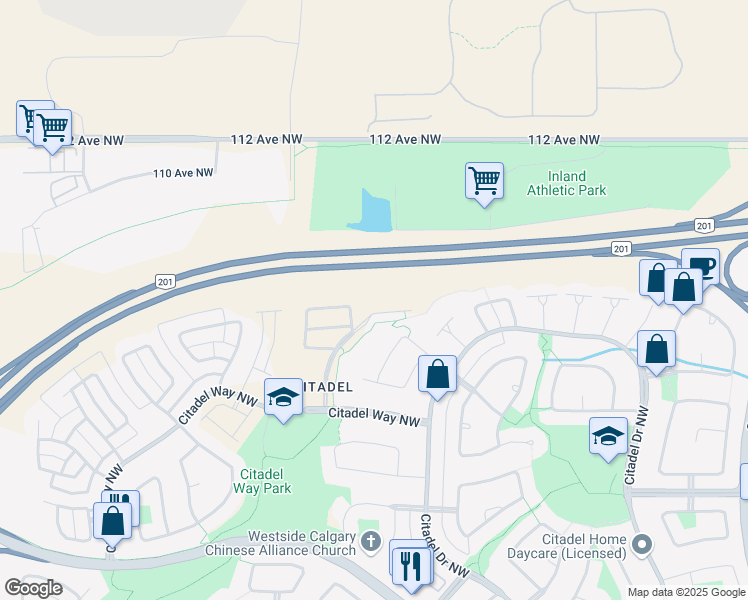 map of restaurants, bars, coffee shops, grocery stores, and more near 3000 Citadel Meadow Point Northwest in Calgary