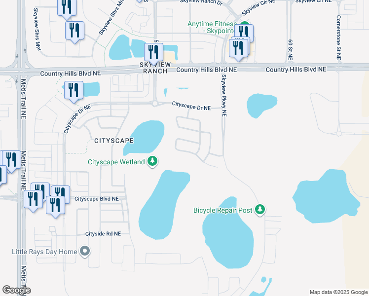 map of restaurants, bars, coffee shops, grocery stores, and more near Cityscape Drive Northeast in Calgary