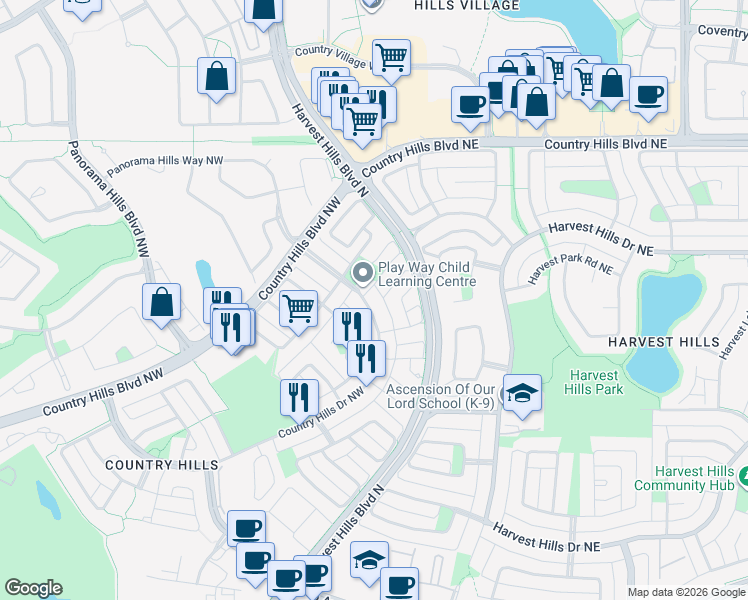 map of restaurants, bars, coffee shops, grocery stores, and more near 8 Country Hills Drive Northwest in Calgary