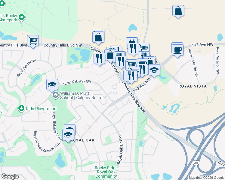 map of restaurants, bars, coffee shops, grocery stores, and more near 70 Royal Oak Plaza Northwest in Calgary