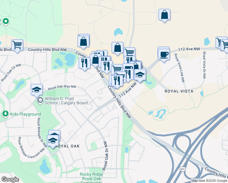 map of restaurants, bars, coffee shops, grocery stores, and more near 8750 Country Hills Boulevard Northwest in Calgary