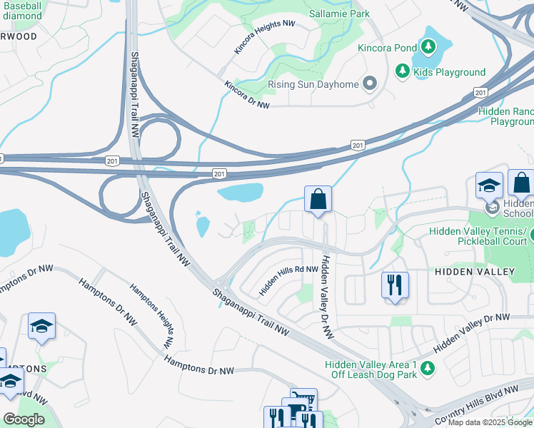 map of restaurants, bars, coffee shops, grocery stores, and more near Hidden Hills Terrace Northwest in Calgary